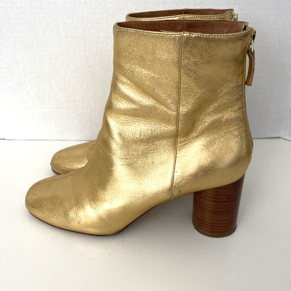 Sandro Sacha Ankle Boot Gold Leather Block Heel Round Toe Back Zip 40 9.5 - Picture 8 of 12